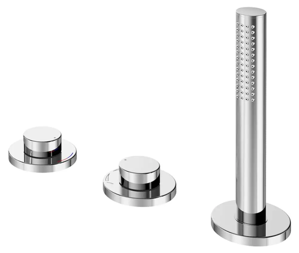 Drei Edelstahlarmaturen für eine Badewanne, bestehend aus zwei Bedienknöpfen und einem langen Wasserauslass, designt von der Marke Keuco.